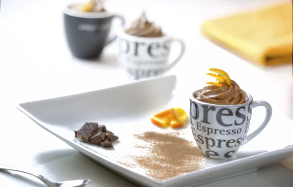 Orange, chocolate, plate, Cup, cream, dessert