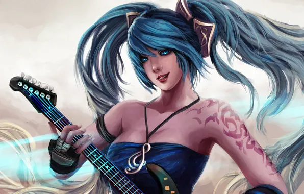 Girl, guitar, art, blue hair, League of Legends, sona, Maven of the Strings