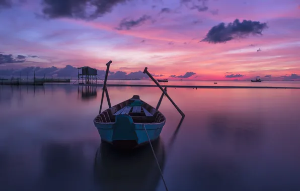 Sea, the sky, clouds, sunset, reflection, boat, boats, the evening