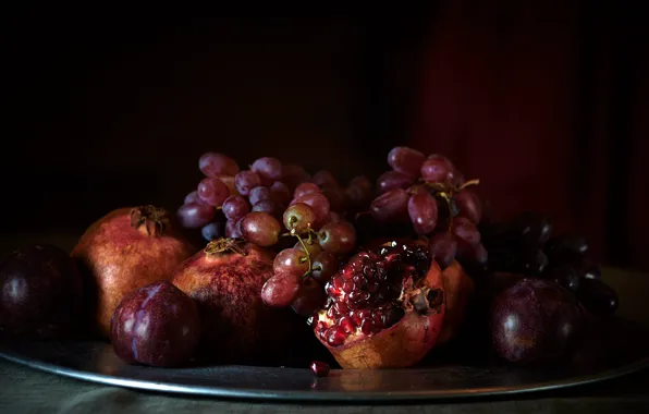 Light, red, the dark background, grapes, fruit, still life, plum, grenades