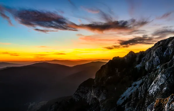 Picture slope, mountains, glow, the evening, the sky, rocks, clouds, sunset