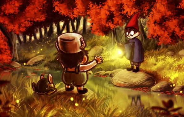 Forest, trees, stream, frog, art, lantern, boys, Host