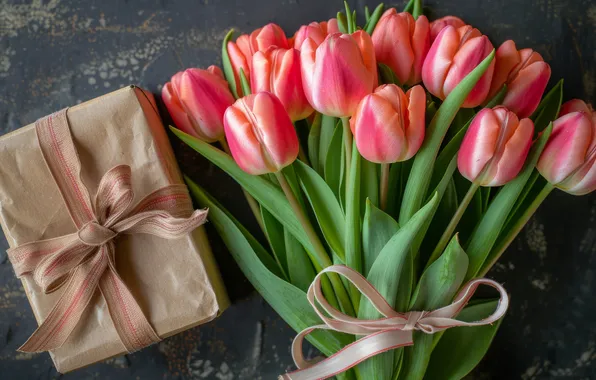 Holiday, box, gift, bouquet, spring, tulips, pink, bow