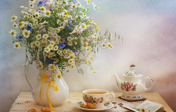 Tea, chamomile, bouquet, kettle, book, still life, cornflowers, drying