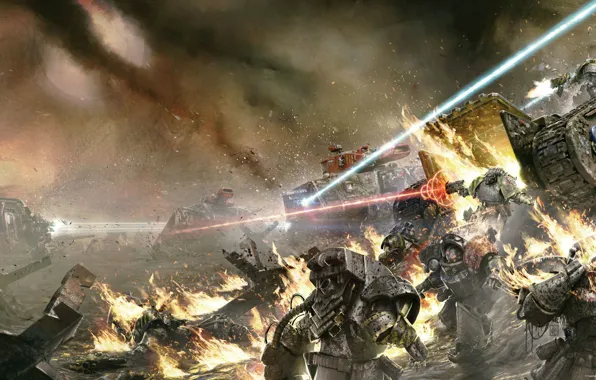 Picture fire, Horus Heresy, Warhammer 40000, space marine, terminator, tanks, Iron Warriors, land raider