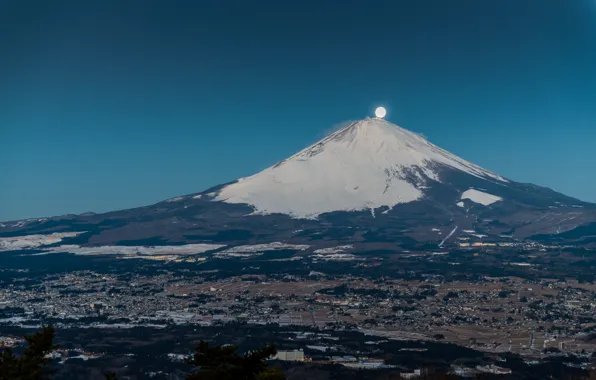 Picture landscape, the city, the moon, mountain, the volcano, Japan, Fuji