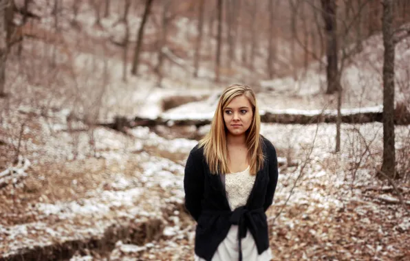 Picture winter, forest, eyes, girl, hair, lips, blouse, sweater