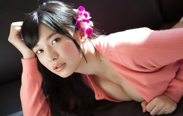 Beautiful, Asian, Model, Flowers, Woman, Sofa, Cute, Lying Down
