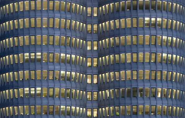Picture lines, window, Blue Hour, building, Munich, geometric, Architektur, BMW-Hochhaus