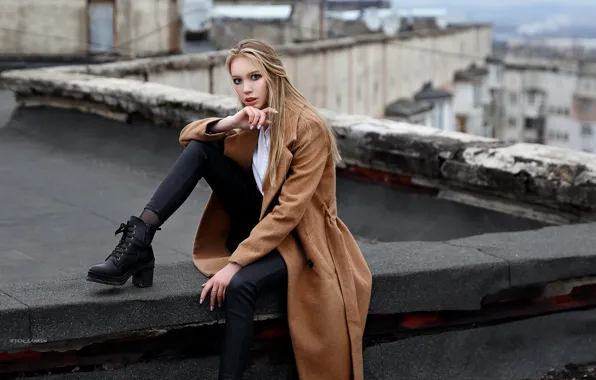 Picture look, girl, pose, shoes, coat, on the roof, Denis Lankin