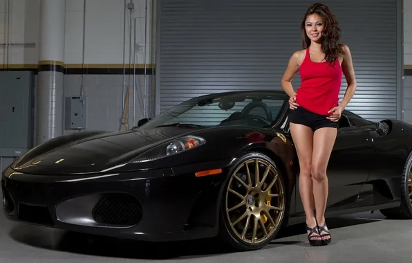 Picture look, girl, smile, Girls, Ferrari, black car