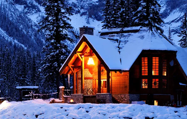 Picture winter, light, snow, trees, mountains, night, nature, house