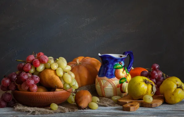 Grapes, pumpkin, pitcher, fruit, pear, wealth, quince