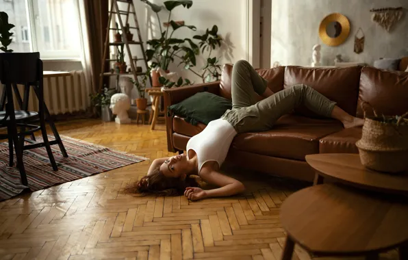 Picture look, girl, pose, photo, room, sofa, window, brown hair