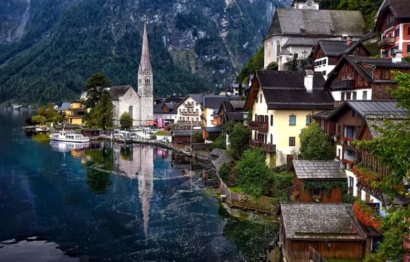 Mountains, lake, home, Austria, Alps, Austria, Hallstatt, Alps