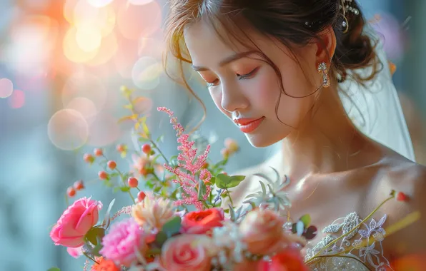 Girl, light, flowers, face, smile, portrait, roses, bouquet