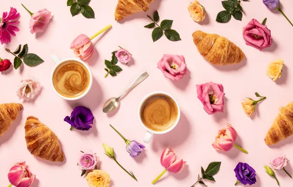 Picture flowers, coffee, morning, Cup, croissants, Natalia Klenova
