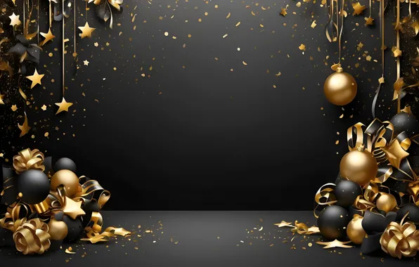 Stars, balls, the dark background, gold, Shine, sequins, Christmas, New year