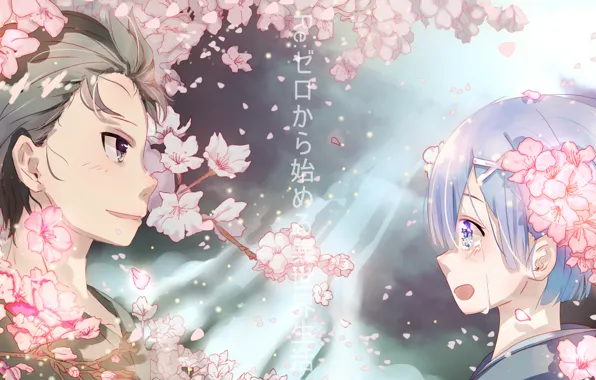 Flowers, anime, art, two, Subaru, Re: Zero kara hajime chip isek or Seikatsu, REM