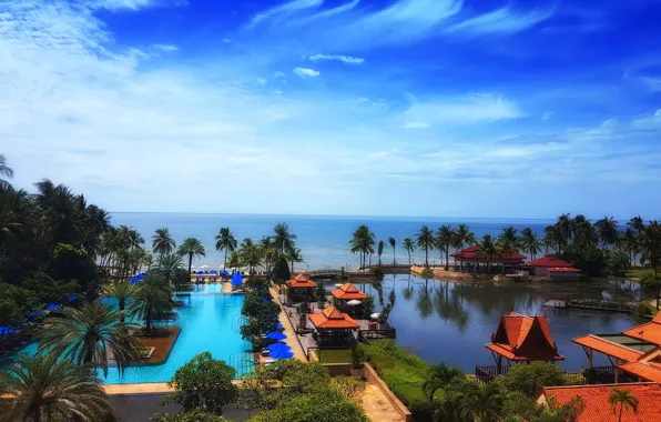 Sea, the sky, clouds, tropics, palm trees, pool, horizon, Thailand