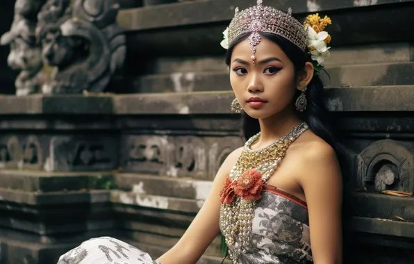 Look, girl, decoration, flowers, portrait, earrings, makeup, Thailand