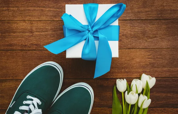 Flowers, gift, sneakers, bouquet, tape, tulips, white, white