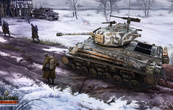 Picture winter, road, snow, figure, art, soldiers, tank, American