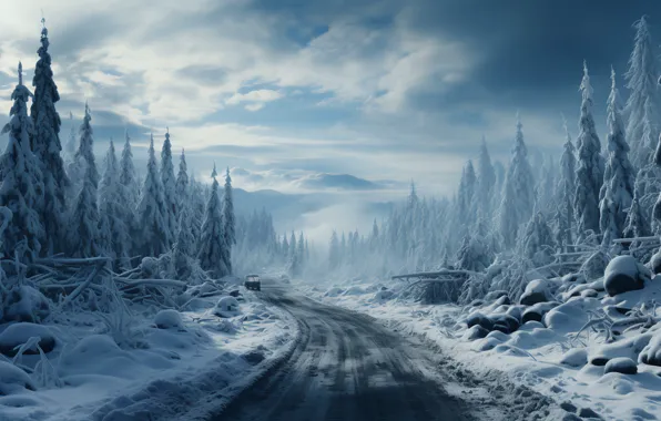 Winter, frost, road, machine, forest, the sky, clouds, snow