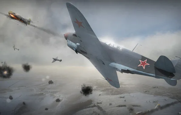 The sky, war, fighter, Art, LaGG-3, Soviet, piston, single-engine
