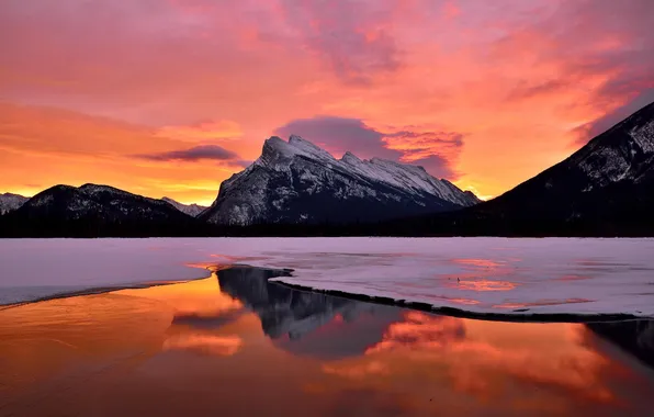 Winter, snow, sunset, mountains, lake