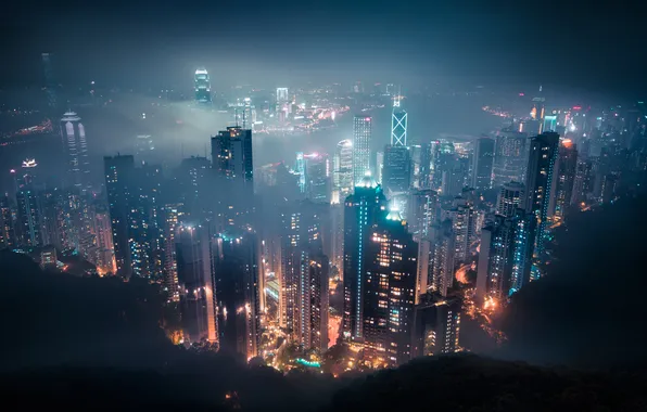 Lights, lights, fog, China, building, Hong Kong, China, midnight