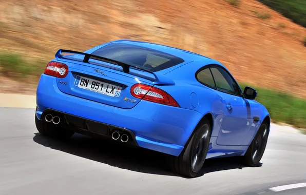 Picture road, blue, Jaguar, supercar, spoiler, rear view, jaguar, xkr-s