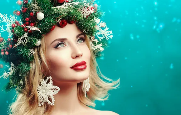 Snowflakes, background, new year, portrait, makeup, hairstyle, blonde, beauty