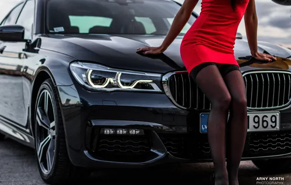 Picture girl, BMW, red dress
