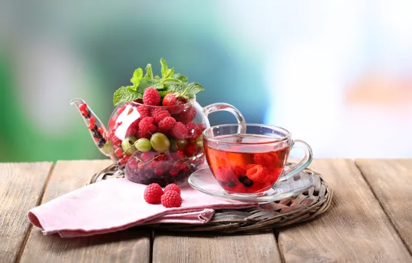 Berries, raspberry, tea, Cup, currants, gooseberry, teapot