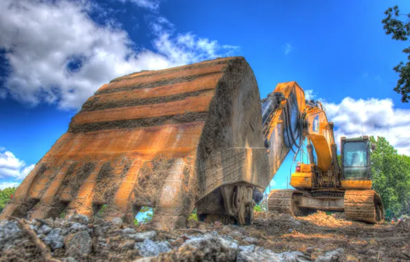 Clouds, trees, technique, excavator, trees, clouds, bucket, blue sky