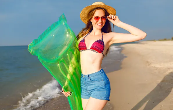 Picture swimsuit, girl, sweetheart, shorts, hat, glasses, cute