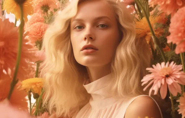 Flowers, Girl, Look, Blonde, Hair, Digital art, AI art, The Art of Artificial Intelligence