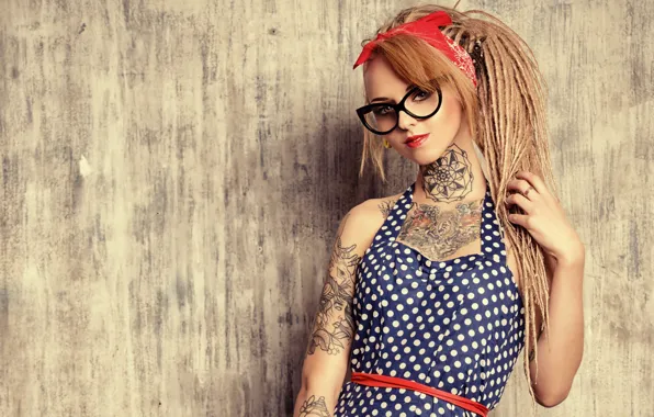Picture look, girl, background, hair, polka dot, dress, tattoo, glasses