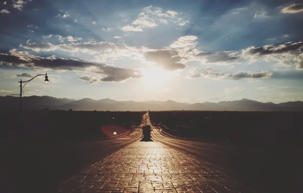 Picture road, the sky, the sun, clouds, rays, light