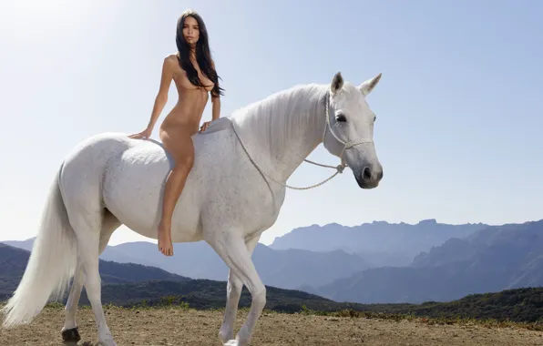 Chest, mountains, nature, feet, model, hair, horse, naked
