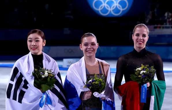 Flowers, victory, figure skating, Italy, flags, Russia, smile, Korea
