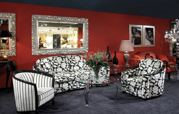 Flowers, design, style, photo, table, sofa, interior, mirror