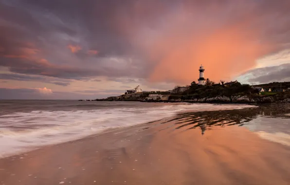 Picture sea, sunset, lighthouse, surf