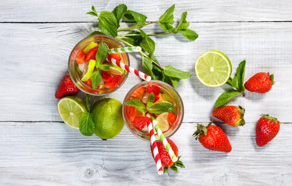 Strawberry, lime, glasses, drink, tube, lemonade
