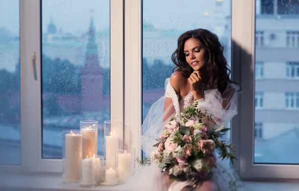 Girl, flowers, pose, style, mood, bouquet, candles, window