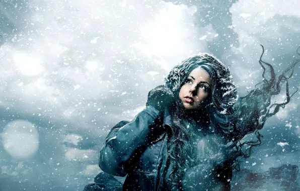 Winter, girl, snow, snowflakes, the wind, jacket