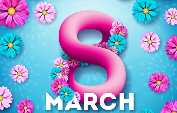 Flowers, happy, March 8, blue, pink, flowers, postcard, spring