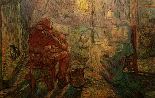 Cat, seamstress, Vincent van Gogh, Ramtha, Watch after Millet, Evening The