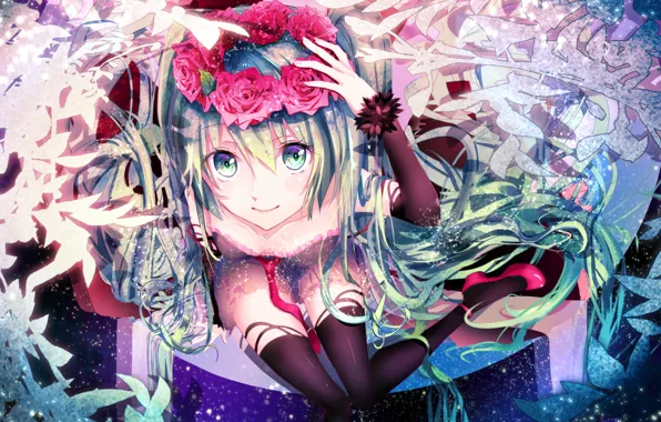 Look, girl, vocaloid, hatsune miku, long hair, flowers, twintails, aqua eyes